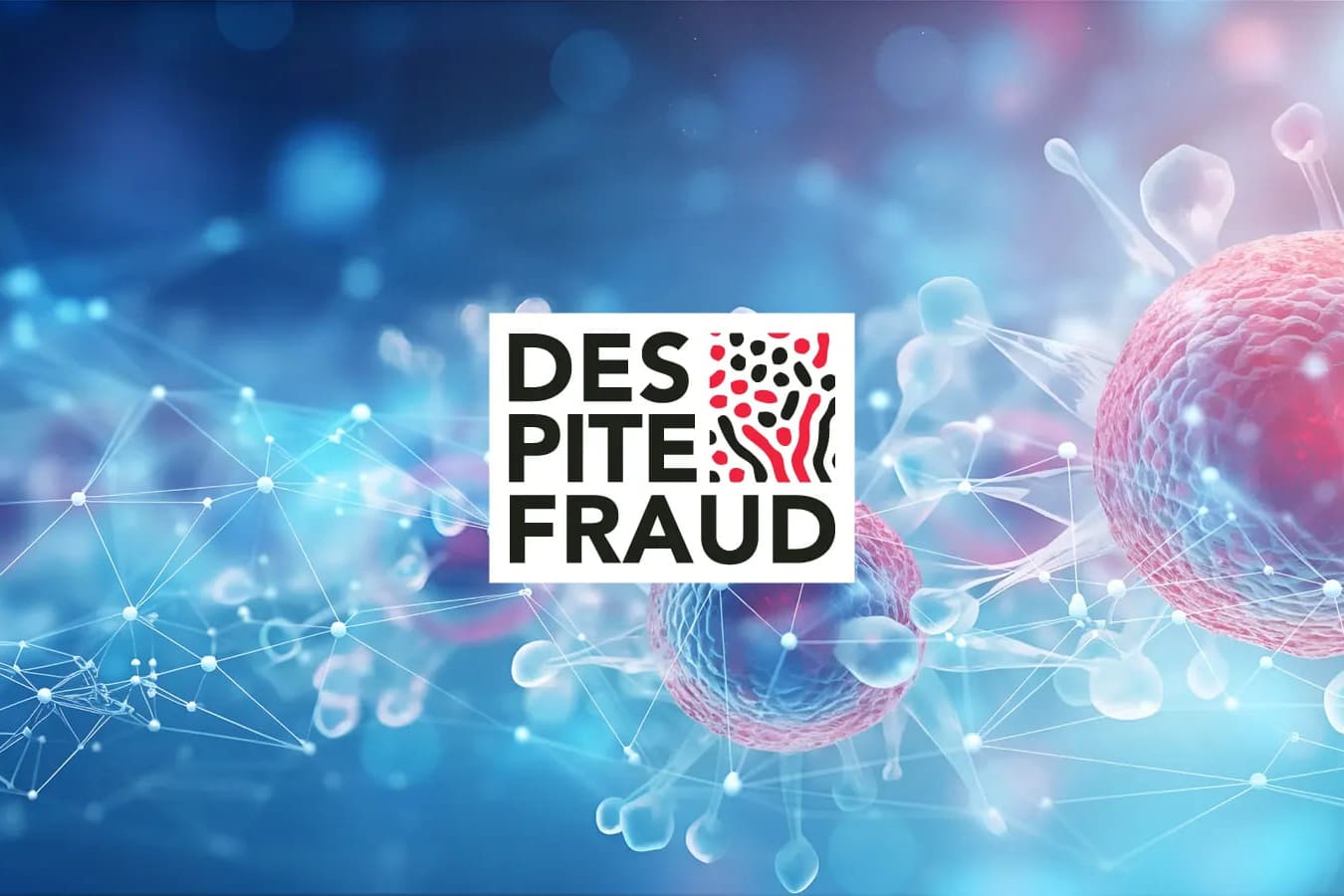 Logo di DESPITEFRAUD sovrapposto a un'immagine scientifica che rappresenta una rete di molecole, simbolo di innovazione e tecnologia nel settore della sicurezza contro le frodi. Il design visivo enfatizza il tema della protezione e dell'affidabilità.
