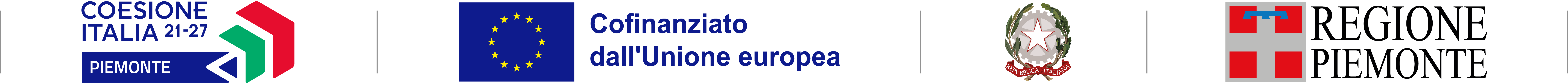 Loghi ufficiali relativi alla politica di coesione 2021-2027: includono il logo dell'Unione Europea, del Governo Italiano, della Regione Piemonte, e il marchio di finanziamento dei progetti da parte dell'Unione Europea, simbolo di supporto alle iniziative per lo sviluppo e la crescita regionale.